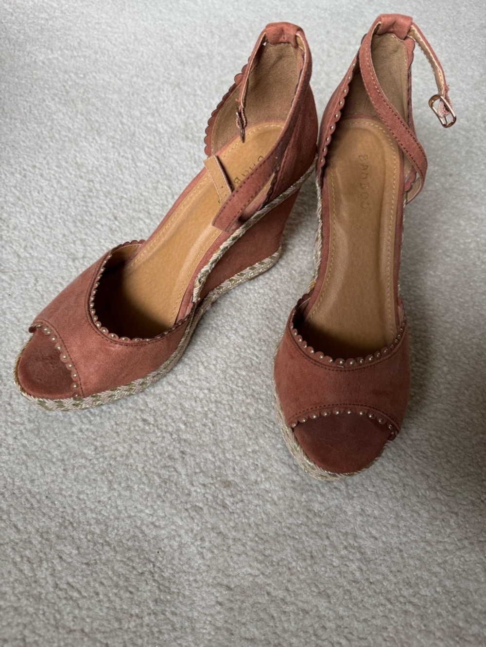 BAMBOO Rust Suede Peep-Toe Espadrille Wedge Sandals